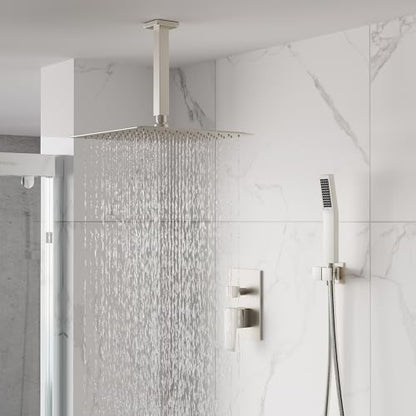 WELLFOR 12-In Ceiling Mount Shower System with Single Handle, Pressure-balanced Valve Included, Waterfall Dual Head Shower Head System, Rain Shower System, Shower Faucet Trim Kits, Brushed Nickel - color: Brushed Nickel, style: Ceiling Mount 12-Inch