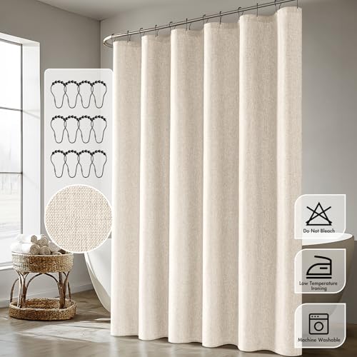ANRODUO Cream Beige Linen Textured Fabric Shower Curtain Set - W72xL78 | Farmhouse Shower Curtain with 12 Metal Hooks, Waterproof Heavy Duty, Button Hole Design, Machine Washable for Bathroom - color: Cream, size: 72"W x 78"L (Pack of 1)