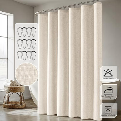 ANRODUO Cream Beige Linen Textured Fabric Shower Curtain Set - W72xL80 | Farmhouse Shower Curtain with 12 Metal Hooks, Waterproof Heavy Duty, Button Hole Design, Machine Washable for Bathroom - color: Cream, size: 72"W x 80"L (Pack of 1)