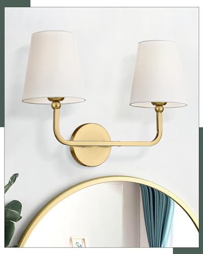 2 Light Bathroom Vanity Light, Brushed Gold Double Wall Sconce with Flared White Fabric Shade, Modern Sconces Wall Lighting for Hallway Bedroom Stairway, VL837-BG | 17" double wall sconce, upward only, E26 base, hardwired, bulbs not included, VL837-BG - c