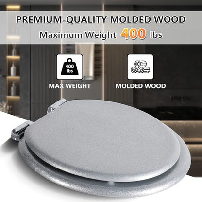 Angol Shiold Glitter Toilet Seat Molded Wood Round Toilet Seat with Quietly Close and Quick Release Hinges, Easy to Clean also Easy to Install (Round 16.5'', Silver) - color: Silver, size: Round 16.5‘’