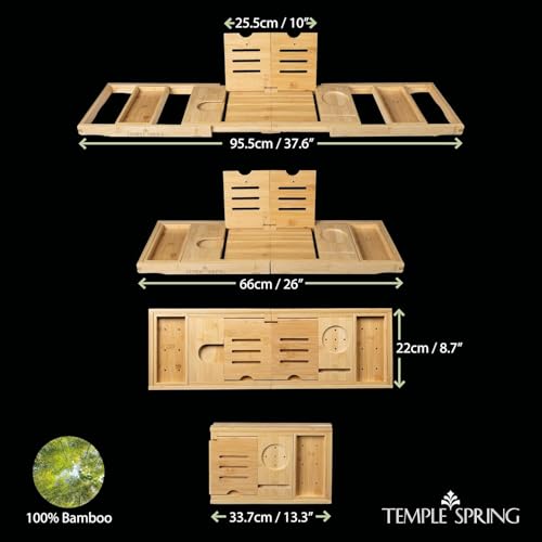 Foldable Bamboo Bathtub Tray Caddy for Tub — Expandable One-Piece Wood Bath Table with Wine Holder Book Stand and Non-Slip Pads — Space-Saving Bath Caddy — Housewarming - color: Foldable Wood Bamboo