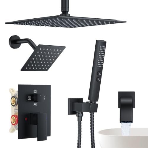 Matte Black Rainfall Shower System – Complete Spa Faucet Set with Handheld Sprayer & Mixer Valve – Tub Spout High Pressure Bathroom Fixture Trim Kit - color: Matte Black, size: 6''+12''+Bathtub Faucet