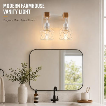 Farmhouse Vanity Light Fixture,2-Light Bathroom Lighting,White Modern Wood Wall Light Over Mirror with Metal Shade - color: White, size: 2-Light-Wide 12"