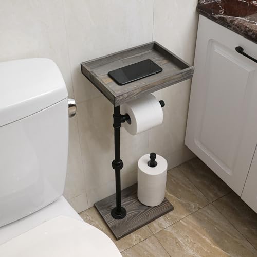 MyGift Freestanding Toilet Paper Holder Stand with Rustic Wood Shelf | Bathroom Tissue Dispenser Rack, Floor Standing Metal Wire Basket, Farmhouse Lavatory Spare Roll Storage Caddy Container