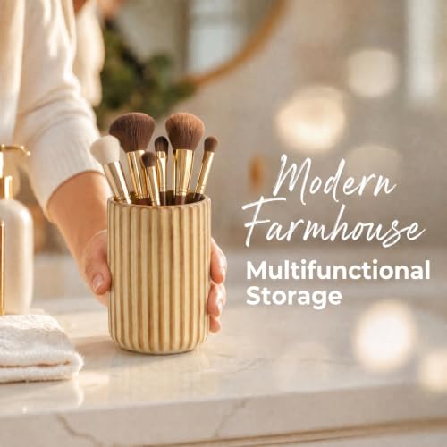 Beige Ceramic Toothbrush Holder Cup | Striped Modern Farmhouse Bathroom Organizer Toothpaste Cup & Makeup Brush Tumbler - color: Beige