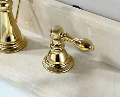 Polished Brass 2-Handle 8 Inch Widespread Bathroom Faucet, 3 Holes | Derengge Traditional Widespread Sink Faucet, With Pop-Up Drain 360° Swivel Stainless Steel Spout, F-8303-PB - color: Polished Brass