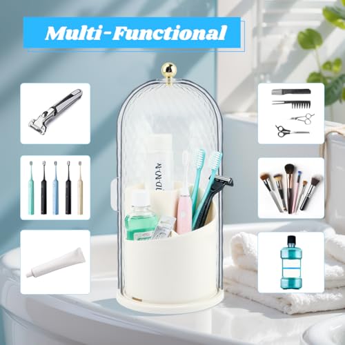 Rotating Toothbrush Holders with Sliding Lid & 4 Pcs Toothpaste Squeezers, Multifunctional 3 Slots Bathroom Organizer Countertop for Tooth Brush, Toothpaste, and Makeup Brushes
