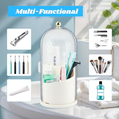 Rotating Toothbrush Holders with Sliding Lid & 4 Pcs Toothpaste Squeezers, Multifunctional 3 Slots Bathroom Organizer Countertop for Tooth Brush, Toothpaste, and Makeup Brushes