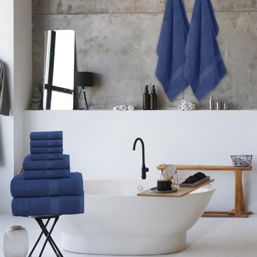 QUBA LINEN Pack of 8 Towels Set, 2 Large Bath Towels, 2 Hand Towels, 4 Wash Cloths, 100% Cotton, Lighter Weight, Quicker to Dry, Super Absorbent, Perfect for Bathroom (Navy) - color: Navy