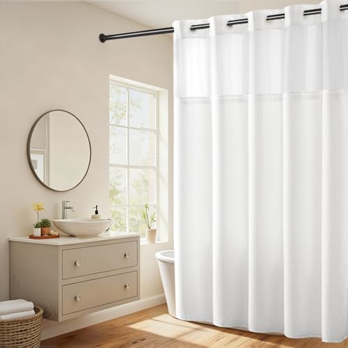 RiverDream Heavyweight Waffle No Hook Shower Curtain with Liner,White,71x80 | Dotted Waffle,Snap-in Liner,Heavy Duty,Quick Dry,Mesh Top Window,With Bottom Magnets,Hotel-Grade,Washable,Long Size - color: White, size: 71"W x 80"L (Pack of 1)