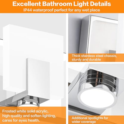 SOLFART Bathroom Vanity Lights Over Mirror 3 Lights Modern Chrome Bath Light Fixtures Stainless Steel Acrylic Shade - color: Chrome,Spotlight Model-6000K,100% Brightness, size: 3- Light,20Inch