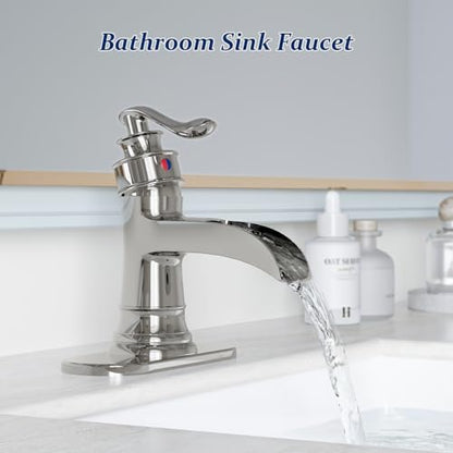 BWE Brass Chrome Waterfall Bathroom Faucet for Modern Powder Room | Wide Waterfall Spout, Ceramic Cartridge, Fits 1 or 3-Hole Sink, Single Handle, Hardware Kit Included, Not for Vessel Sink - color: Chrome