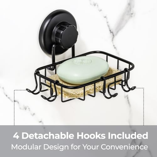 HASKO 2 Pack Suction Cup Soap Dish for Shower Wall, Rustproof Stainless Steel, Shower Soap Holder with Hooks, Includes Optional No Drill Adhesive Mount for Bathroom, 2 Soap Savers, Black - color: Black (2 Pack)