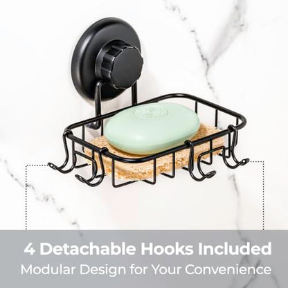 HASKO 2 Pack Suction Cup Soap Dish for Shower Wall, Rustproof Stainless Steel, Shower Soap Holder with Hooks, Includes Optional No Drill Adhesive Mount for Bathroom, 2 Soap Savers, Black - color: Black (2 Pack)