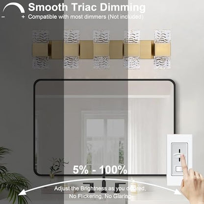 MELUCEE 5 Lights Brass Crystal Vanity Light Bar LED Bathroom Lights 30.3 in | 40W LED Modern Vanity Lighting Fixtures Wall Mount for Bath Restroom Powder Room, 3000K Warm Lighting - color: Brass, size: 5 Lights
