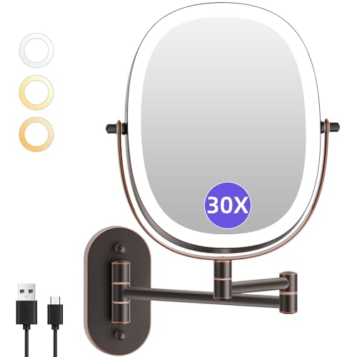FUNTOUCH 5000mAh Rechargeable Wall Mounted Lighted Makeup Mirror, Bronze | Double Sided 30X/1X Magnifying Mirror Wall Mounted,Extended Arm 360°Rotation,Touch Dimmable,3 Color Lights for Bathroom - color: 30x Antique Bronze
