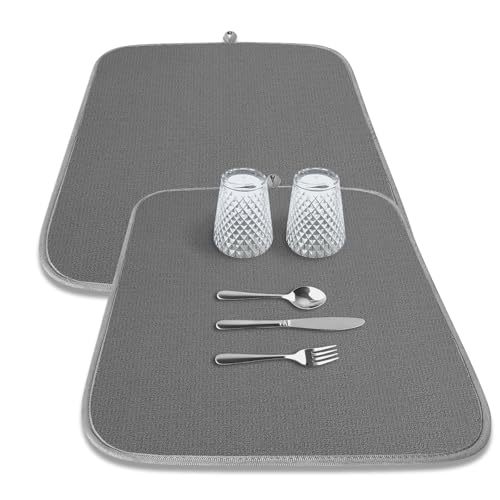 Kitsure 2 Pack Dish Drying Mat for Kitchen Counter, 18" x 16", Dark Grey | Microfiber, 3-Layer Ultra Absorbent Pad, Machine Washable kitchen mat with a Hanging Hook, Dish Drainer Mat - color: Dark Gray, size: 18" x 16"