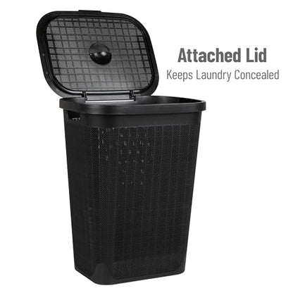 Mind Reader 60L Slim Laundry Hamper, Clothes Basket, Lid, Linen Design, Plastic, Black - color: Black