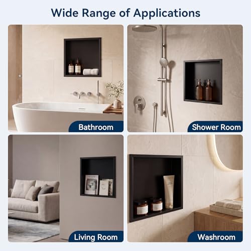 Shower Niche 12" x 12",Matte Black Stainless Steel Shower Niche | No Tile Needed Over Mount, Built-in Bathroom Storage Shelf, Single Tier, Rustproof Stainless Steel, Easy Install - color: Black, size: 12" x 12"