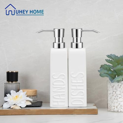 Ceramic Soap Dispenser Set for Bathroom and Kitchen, 2Pack Refillable Dish Soap and Hand Soap Dispenser - color: White-silver