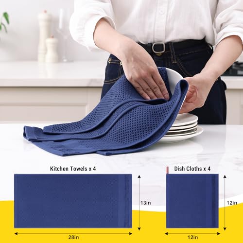 Homaxy Kitchen Towels and Dishcloths Set, Set of 8, Navy Blue | 100% Cotton Waffle Weave Kitchen Towels, Super Soft and Absorbent Dish Cloths, 12 x 12 and 13 x 28 Inches - color: Navy Blue, size: 8-Piece Set
