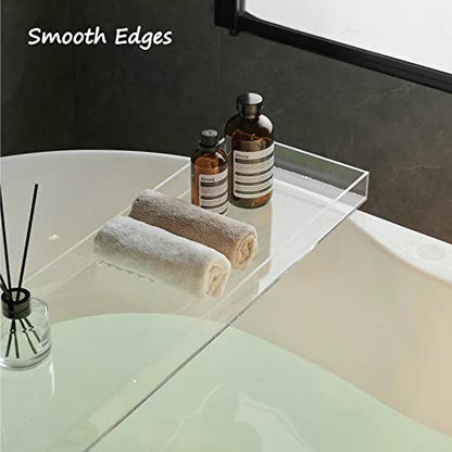 SHUNLI Acrylic Bathtub Tray Caddy, Clear Bath Tub Tray Shelf Table | Luxury Bathroom Organizer Tablet Holder for Soap Perfume Skincare, Bath Accessory, Easy to Clean - color: Transparent With Visible Edge