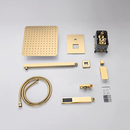 Cascada 12” Square Shower System (Wall Mounted) with Single Handle & square knob, 2 Functions (Rainfall & Handheld) (Brushed Gold) - color: Brushed Gold