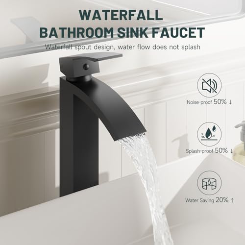 Matte Black Vessel Sink Faucet, Waterfall Bathroom Faucets | Brass, Tall Spout, Single Handle 1 Hole Bathroom Faucet, Modern Basin Taps with Supply Line, Pop Up Drain, Without Overflow - color: Matte Black, size: Tall