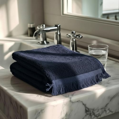 Fringed Reversible Fingertip Hand Towel (Size 11" W x 18" L) Terry Cotton Washcloth Set for Face and Bathroom use. (Navy, 3)