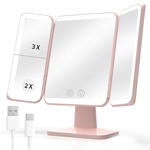 SIMETRA 15.6'' Rechargeable Makeup Mirror with Lights, 156 LED Magnification Vanity Mirror with 3 Colors Lights, 3000mAh Lighted Mirror, Touch Control Trifold Mirror for Women Travel Desk - color: Pink