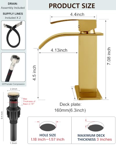 Midanya Waterfall Bathroom Faucet 1 Hole,Gold | with 24” Hoses,Pop Up Drain,6” Deck Plate,for 1 or 3 Hole Vanity,Lavatory,RV,Single Handle Bathroom Sink Faucet,NSF Certified - color: Gold