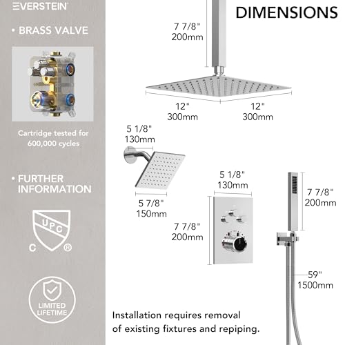Ceiling Mount 12" High-Pressure Rainfall Shower Faucet, Dual Rainfall Shower Head System with Valve (Polished Chrome) - color: Chrome, style: Ceiling Mount