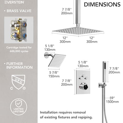 Ceiling Mount 12" High-Pressure Rainfall Shower Faucet, Dual Rainfall Shower Head System with Valve (Polished Chrome) - color: Chrome, style: Ceiling Mount