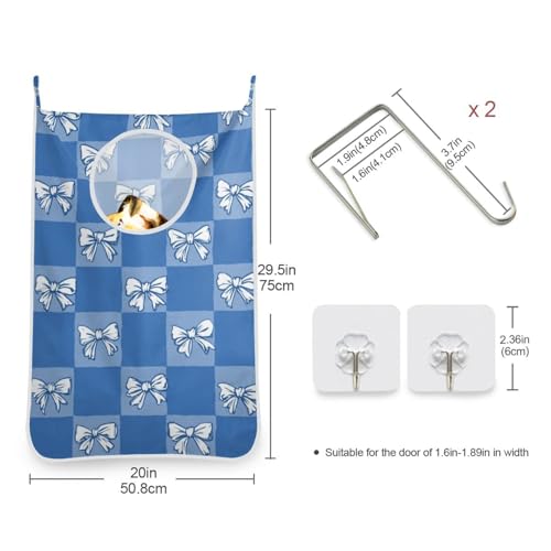 2PCS Hanging Laundry Hamper Bag Over the Door Laundry Hamper Wall Hamper Large Dirty Clothes Hamper with Stainless Steel Hooks 29.5x20Inch Blue Checkerboard Bow Tie - color: Blue Checkerboard Bow Tie, size: 2 PCS