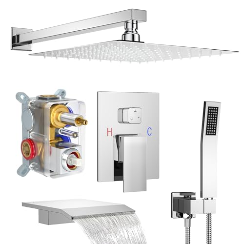 Shower System with 12-Inch Rain Head and Tub Spout | All-Metal Tub Shower Faucet Set, Wall Mounted Rain Showerhead, Handheld Spray, Includes Valve and Trim Kit, Polished Chrome - color: Polished Chrome, style: 12"-With Tub Spout