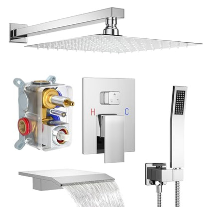 Shower System with 12-Inch Rain Head and Tub Spout | All-Metal Tub Shower Faucet Set, Wall Mounted Rain Showerhead, Handheld Spray, Includes Valve and Trim Kit, Polished Chrome - color: Polished Chrome, style: 12"-With Tub Spout