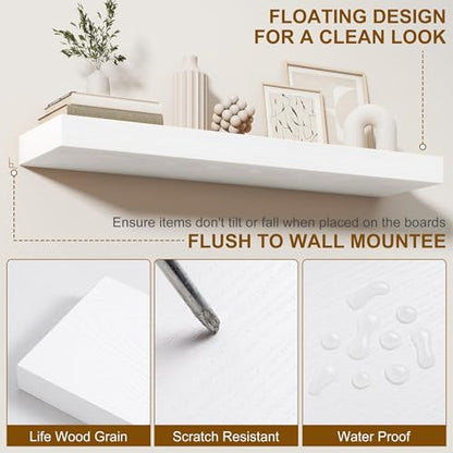 Fun Memories 66 Inch Fireplace Mantel - Long Floating Shelf, Wall Mounted Farmhouse Display with Invisible Heavy Duty Metal Bracket, White, 2 Pack - color: White, size: 67"W x 6.5"D