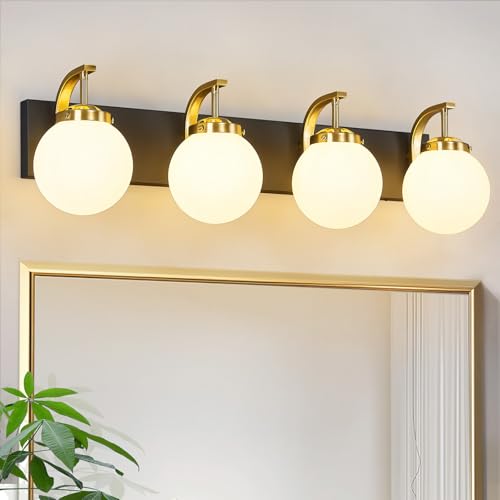 4-Light Bathroom Vanity Light Fixtures Sand Black Gold Vanity Lights Over Mirror Modern Wall Sconce with Milk White Glass Globe Lampshade for Lving Room Dining Room Corridor Powder Room - color: Sand Black Gold, size: L Size Shade-4 Lights