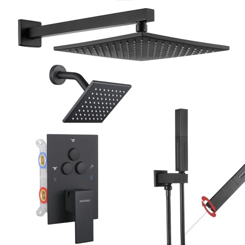 VANFOXLE Shower Faucet Set Matte Black Shower System, Push Button Diverter | 10 Inch Wall Mount Rain Head Increased Thick, 6 Inch Side Head, 2-in-1 Handheld Sprayer, Solid Brass Valve, Rust Resistant - color: Matte Black
