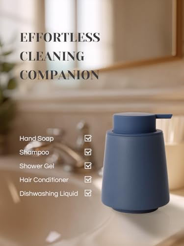 INGOFIN Ceramic Foaming Soap Dispenser -14 oz Foam Hand Soap Dispenser Bathroom, Modern Refillable Dish Wash Bottle for Kitchen with Large Pump, Matte Blue - color: Blue-foam