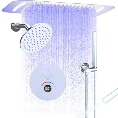 Luxury Dual Heads Digital Shower System with LED Light Remote | Temperature Display Shower Faucet Set: 16x26" LED Rainfall Shower, 6" Wall Mount Shower, Dual Function Handheld, Chrome - color: Chrome, style: 16x26"+6"