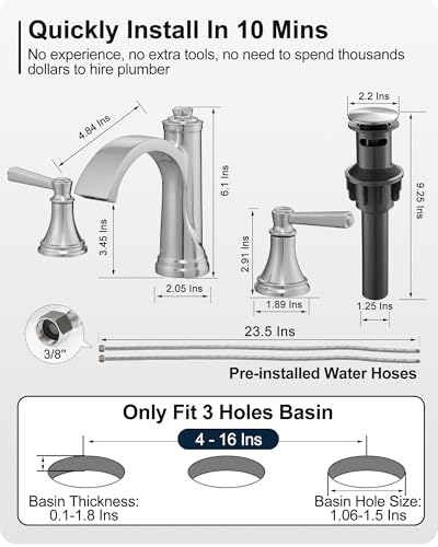 Brass Waterfall Bathroom Faucets, Brushed Nickel Bathroom Faucet 4-16 Inch, 2 Handle Widespread Bathroom Sink Faucet 3 Hole with Pop Up Drain and Supply Lines - color: Brushed Nickel