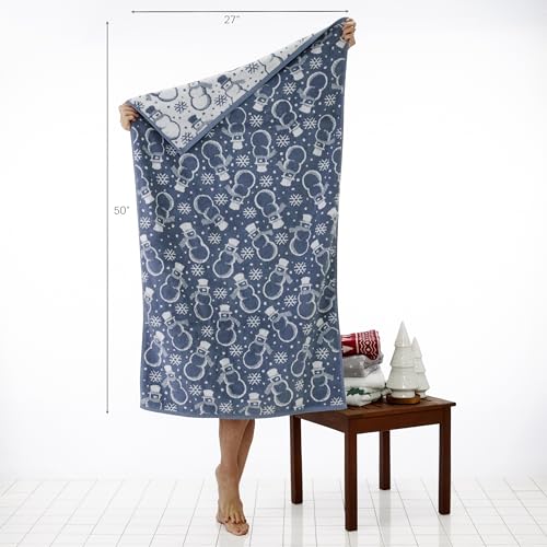 SKL Home Christmas/Winter Top Hat Snowmen Bath Towel, 100% Cotton, Blue | 550 GSM. Soft & absorbent. Reversible jacquard pattern. Great for use in the bathroom, kitchen or bar & gifting. - color: Top Hat Snowmen, style: Bath Towel