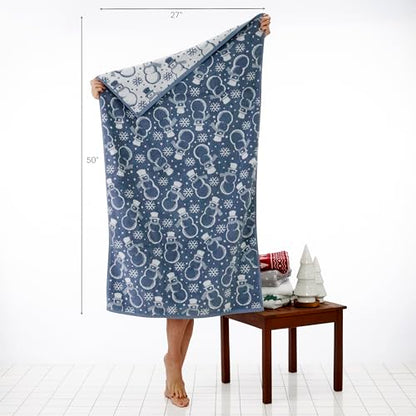 SKL Home Christmas/Winter Top Hat Snowmen Bath Towel, 100% Cotton, Blue | 550 GSM. Soft & absorbent. Reversible jacquard pattern. Great for use in the bathroom, kitchen or bar & gifting. - color: Top Hat Snowmen, style: Bath Towel