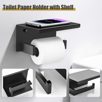 TURS Bathroom Hardware Set Black and Gold 4-Piece Towel Bar Set Include 24 Inch Towel Bar Towel Ring Towel Hook Toilet Paper Holder with Shelf Wall Mounted. - color: Black&gold, size: Set C