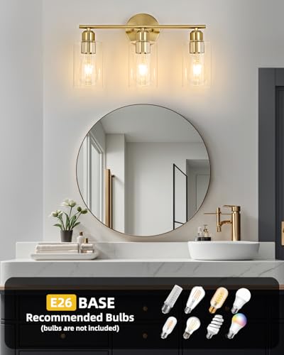 3Light Modern Vanity Lights - Gold, Clear Glass Shade, Wall Sconce for Bathroom & Bedroom, 2 Pack - color: Gold, size: 3 Light - 2 pack