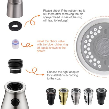 TIORIY Pull Down Kitchen Sink Faucet Spray Head Replacement with 15 Adapters, 3 Function Kitchen Faucet Spray Nozzle, Kitchen Faucet Sprayer Head Attachment, Brushed Nickel - color: Brushed Nickel
