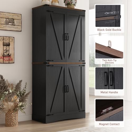 Hlivelood 71" Tall Kitchen Pantry,Farmhouse Storage Cabinet with Adjustable Shelves,Load-Bearing Steel Pipe,Farmhouse Pantry Cabinet with 4 Barn Doors,for Kitchen,Dining Room,Living Room(Black) - color: Black