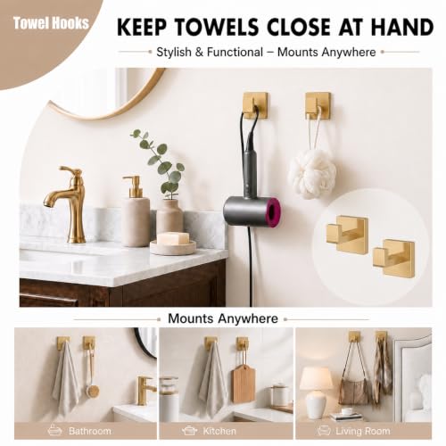 5-Piece Brushed Gold Bathroom Accessorys Stainless Steel Towel Bar Set | Square Wall Mounted Towel Rack with Toilet Paper Holder Towel Ring and Hook for Bathroom Outdoor Shower - color: Brushed Gold